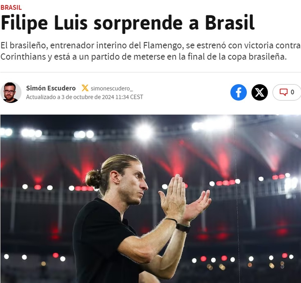 "Filipe Luís surpreende o Brasil": jornal espanhol repercute estreia de técnico do Flamengo
